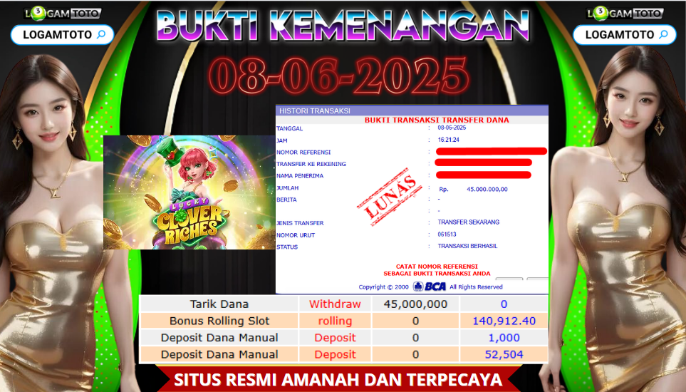 SELAMAT KEPADA MEMBER SETIA LOGAMTOTO BERHASIL JACKPOT DI PERMAINAN SLOT LUCKY CLOVER RICHES